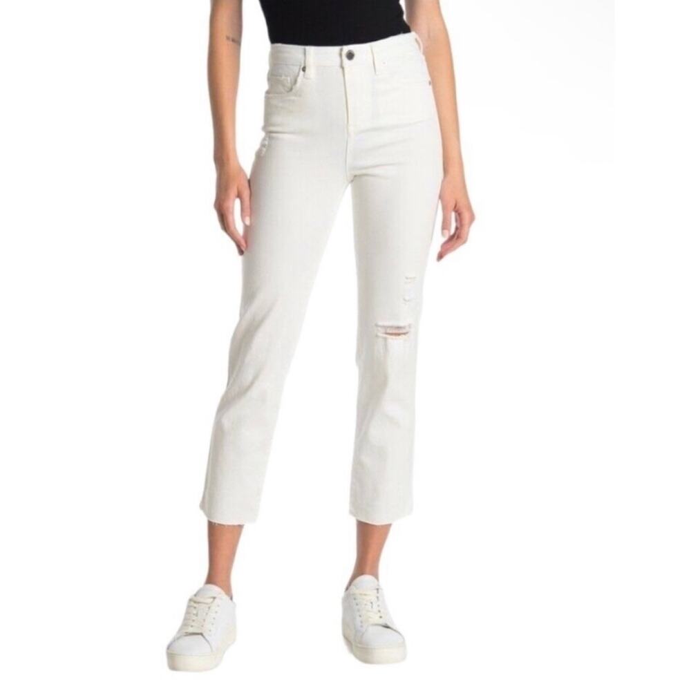 Blank NYC White Cropped Straight-Leg Jeans with Knee Distress